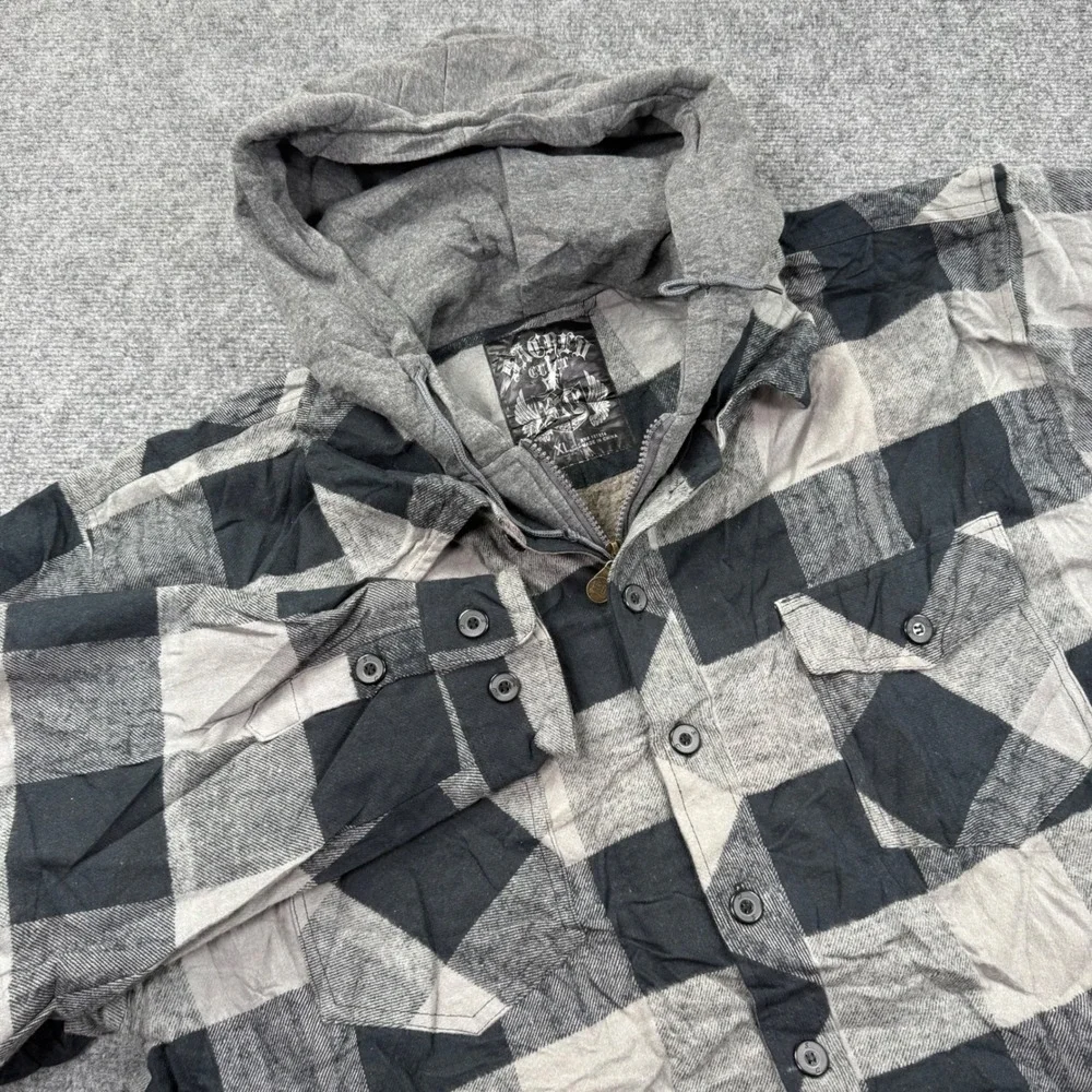 Sacred Cult Hooded Flannel Jacket XL Black Gray Sherpa Lined Buffalo Plaid Men's